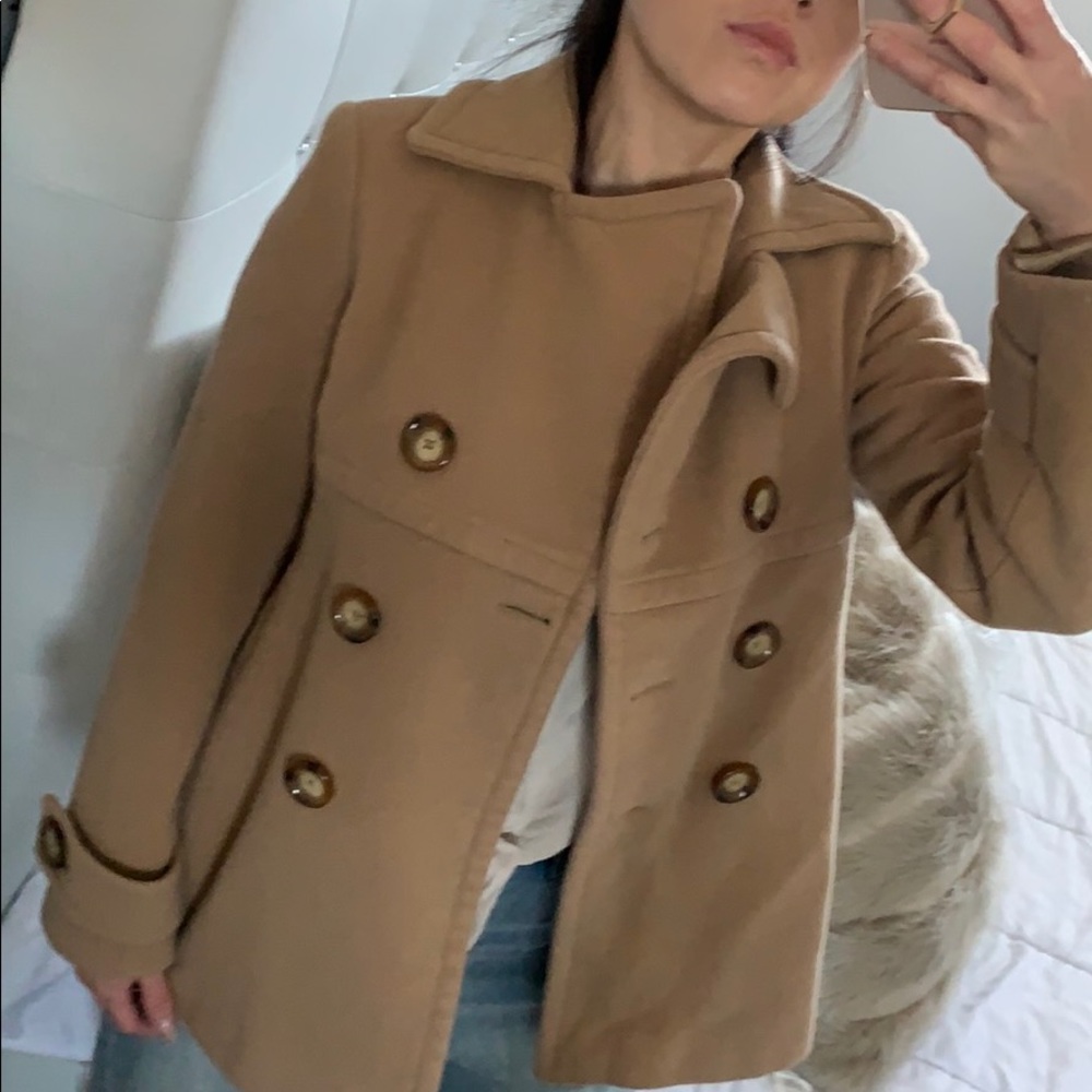 Michael Kors Camel Wool Blend Double-Breasted Pea Coat